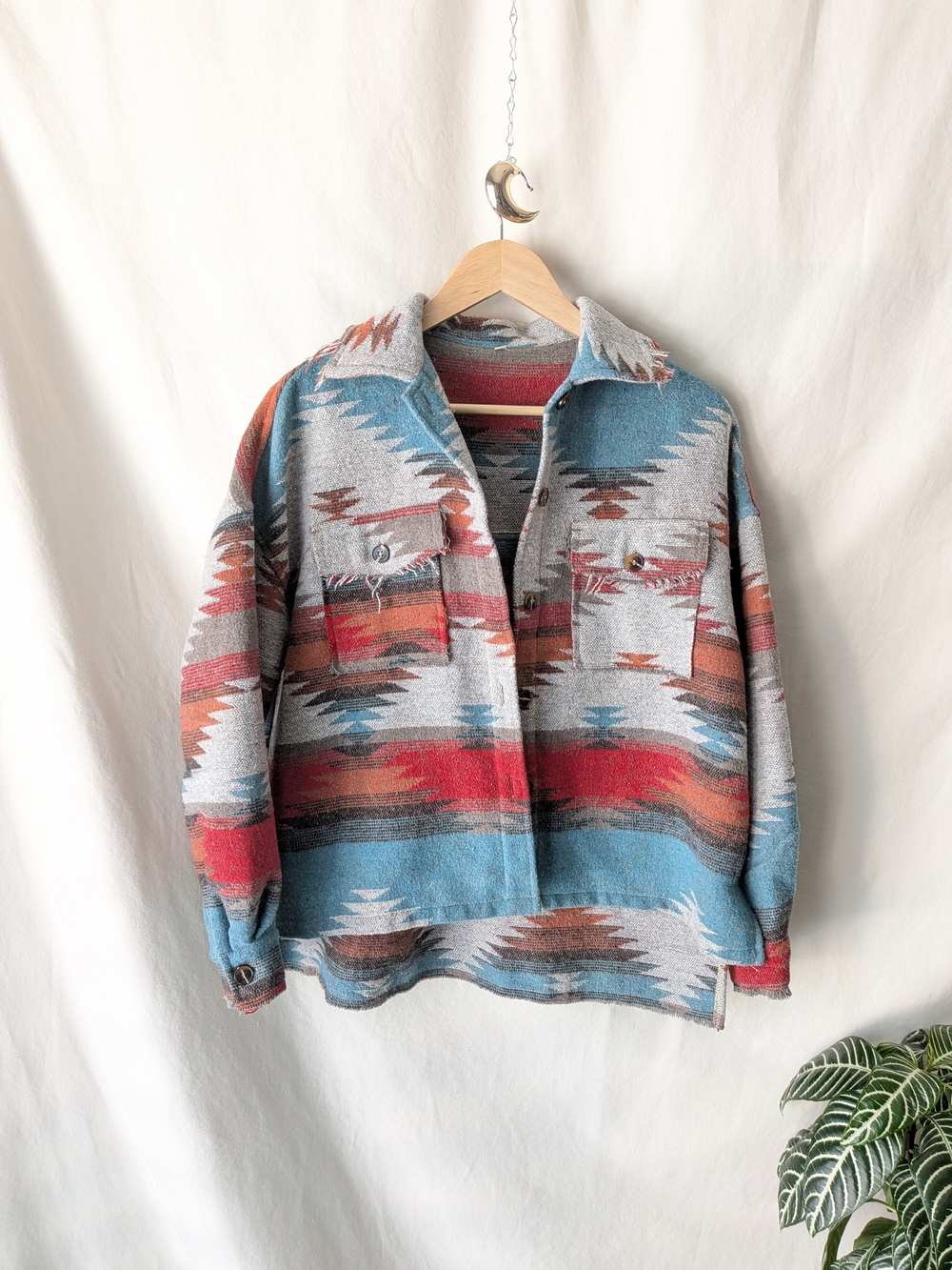Southwestern Pattern Blue & Red Wool Shacket Jacket